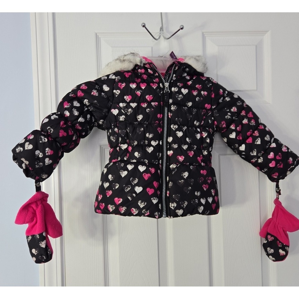 London Fog Toddler Girls Hooded Jacket with attached Gloves.